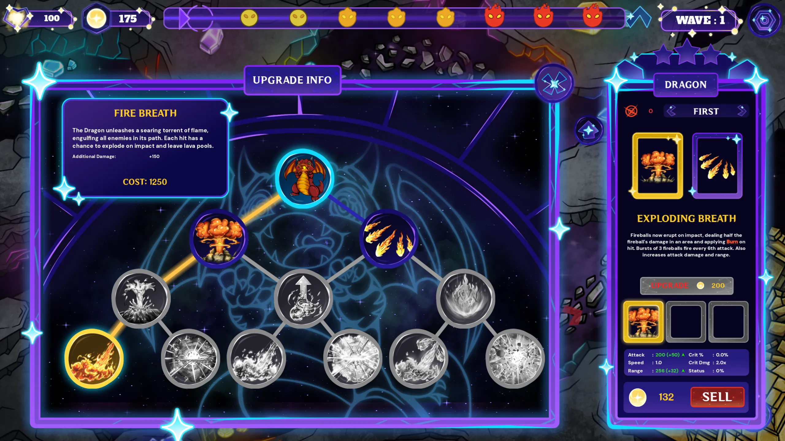 The Dragon creature tower's upgrade tree with the Fire Breath branch selected and its stats and abilities detailed on the side panel.