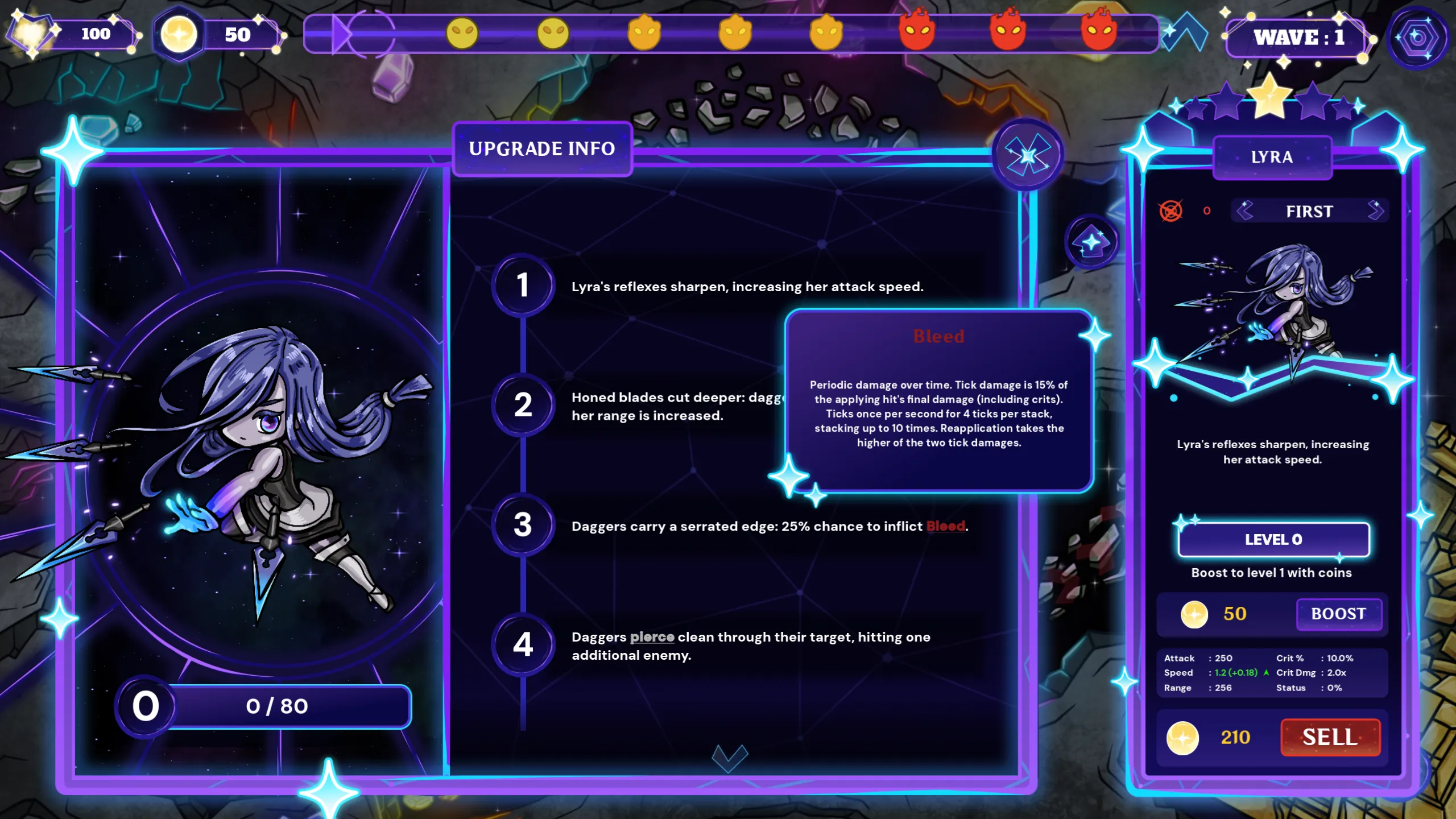 The Lyra fighter tower's upgrade panel with a recursive keyword tooltip open, explaining the Bleed status inline.