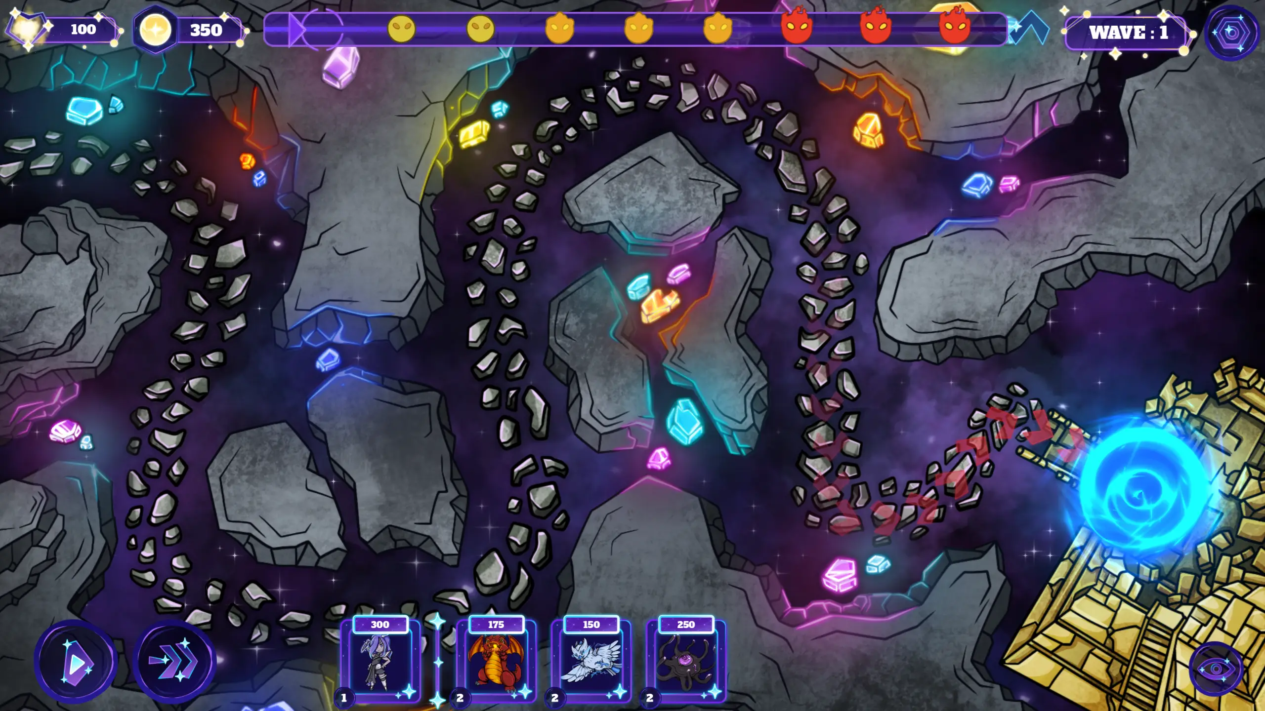 The board at the start of Wave 1, showing the winding enemy paths, the crystal cavern layout, and the tower shop along the bottom.