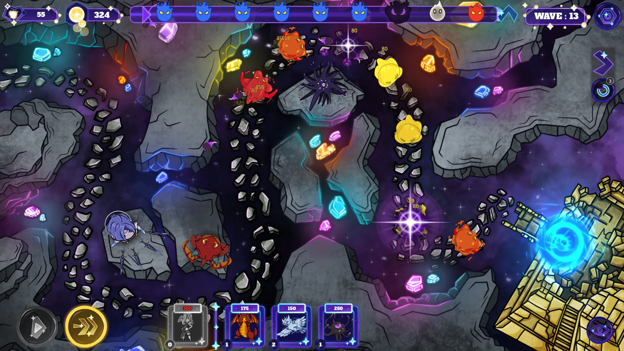 ExalTD in mid-battle on Wave 13: swarms of ooze enemies pushing along the crystal paths while towers fire and damage numbers scatter across the cosmic board.
