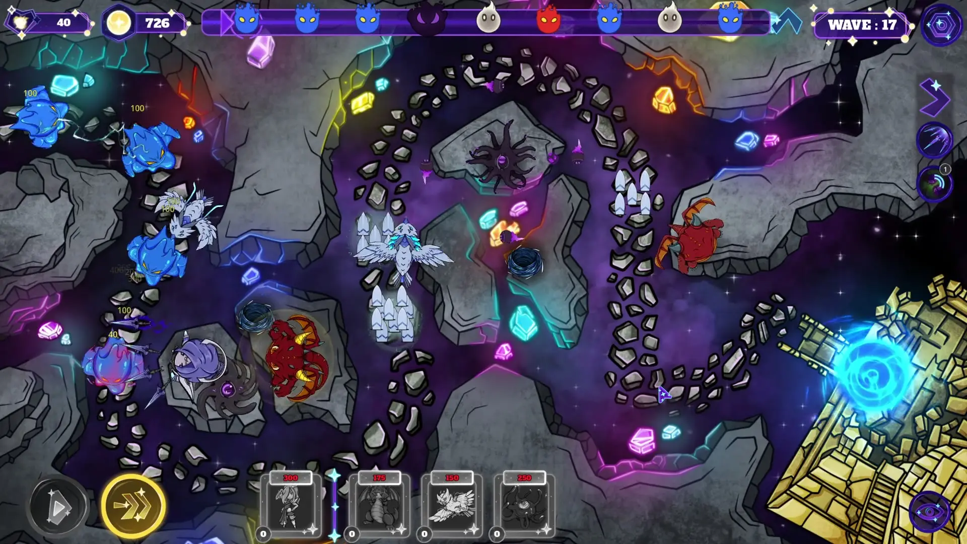 ExalTD mid-round on Wave 17, towers and heroes firing on swarms of enemies winding along the crystal paths toward the portal.