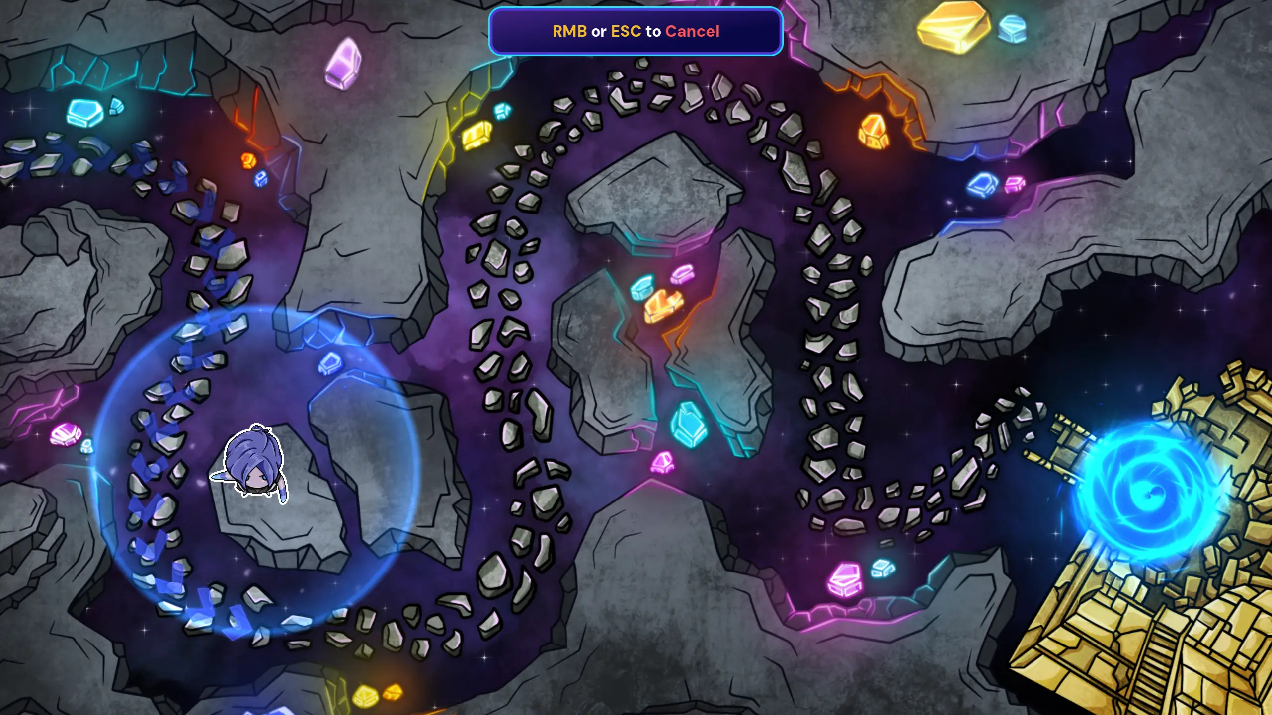 The board in build mode while placing a tower, showing the placement range ring and an 'RMB or ESC to Cancel' prompt.