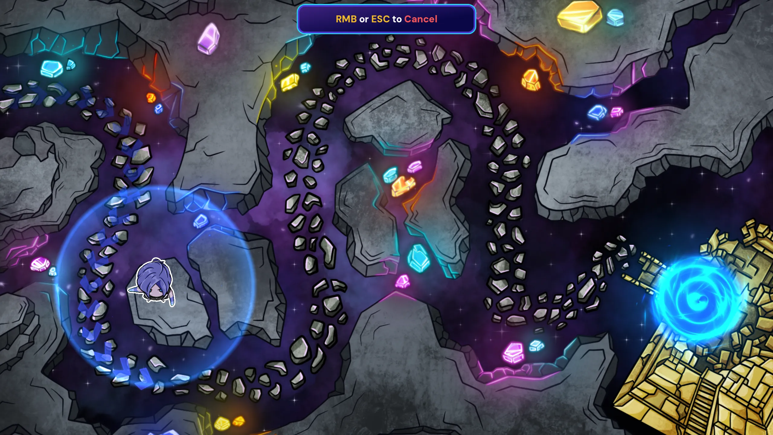 The board in build mode while placing a tower, showing the placement range ring and an 'RMB or ESC to Cancel' prompt.