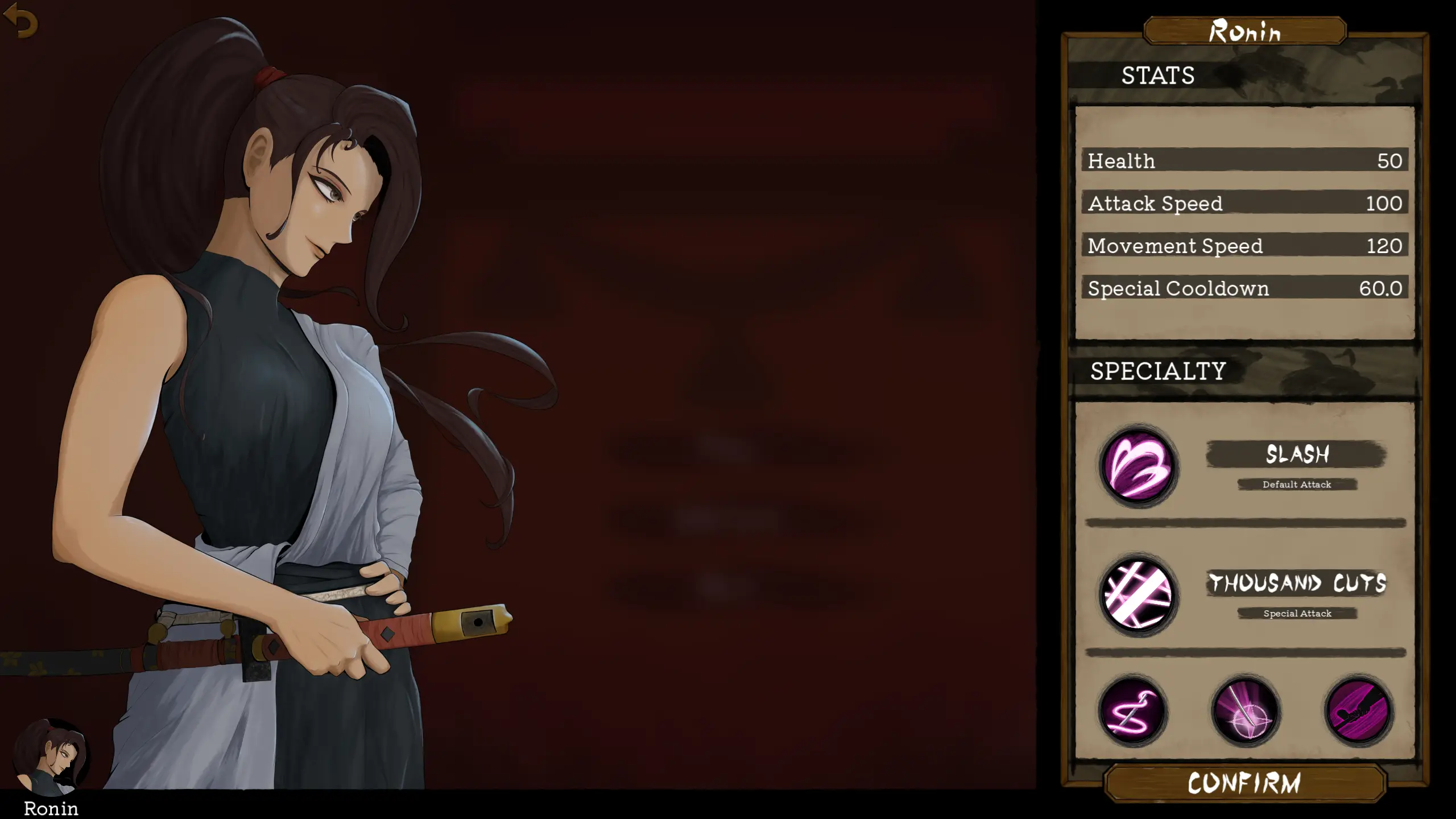 The character select screen for Ronin, showing her full-body art alongside her stats and Slash and Thousand Cuts specialties.