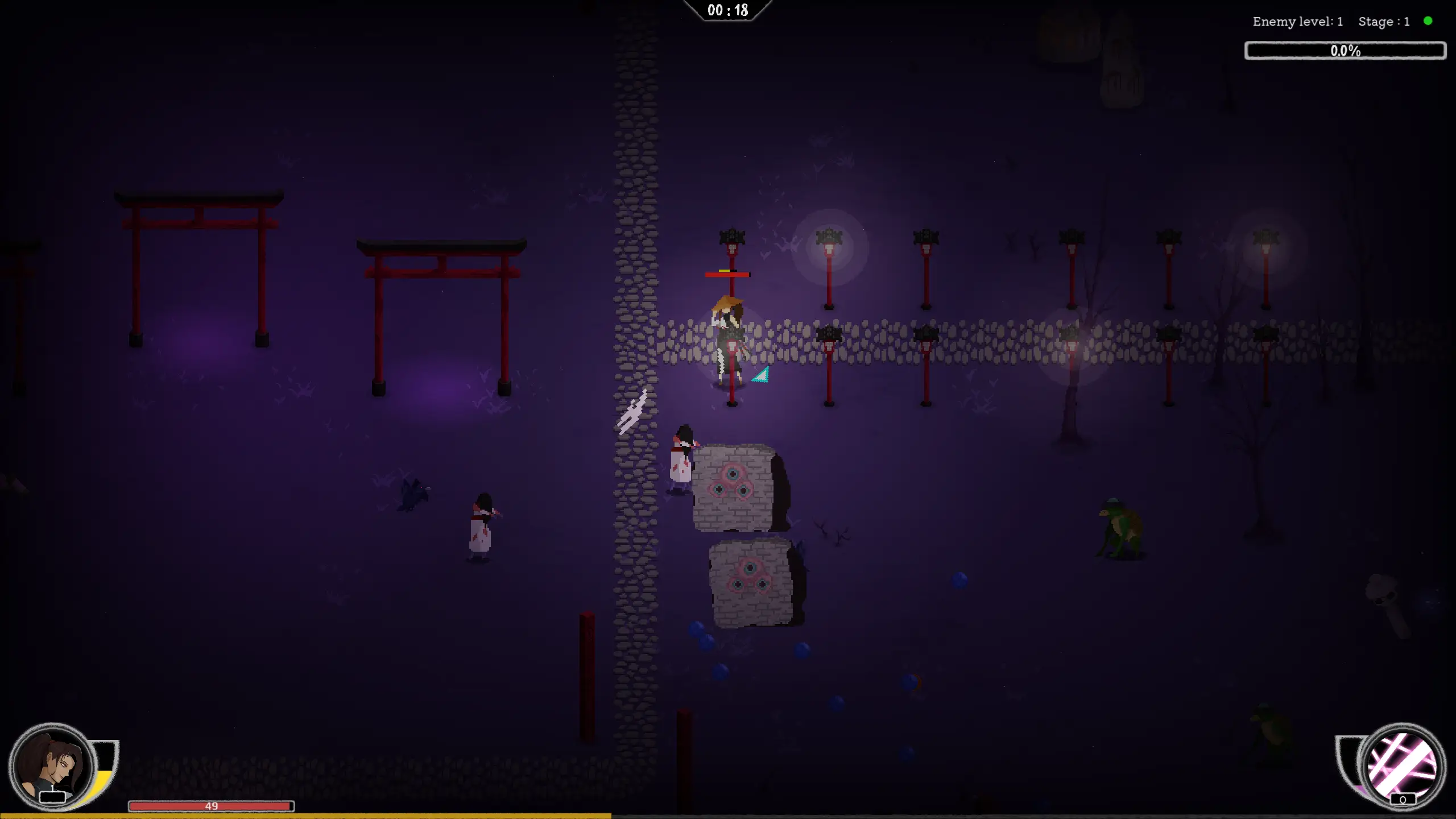Gates of Yomi in mid-run: top-down bullet-heaven combat at night among red torii gates, the player surrounded by approaching underworld enemies.
