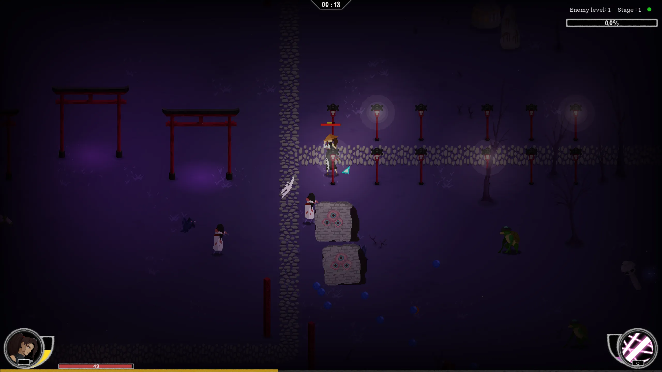Gates of Yomi in mid-run: top-down bullet-heaven combat at night among red torii gates, the player surrounded by approaching underworld enemies.