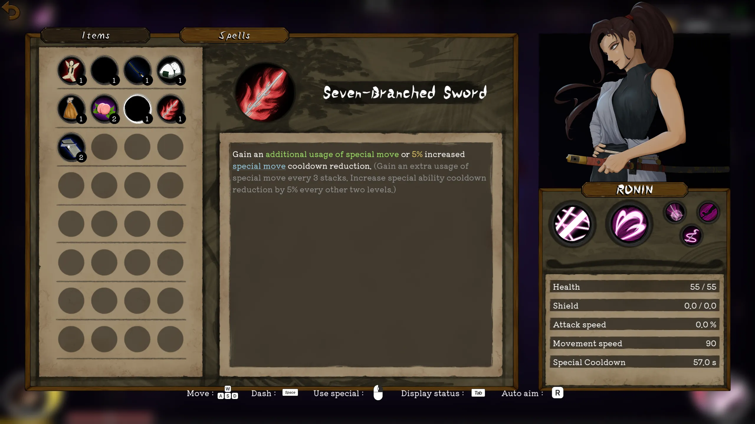 The in-run inventory and spells screen with collected items and the Seven-Branched Sword spell detailed next to Ronin's stats.