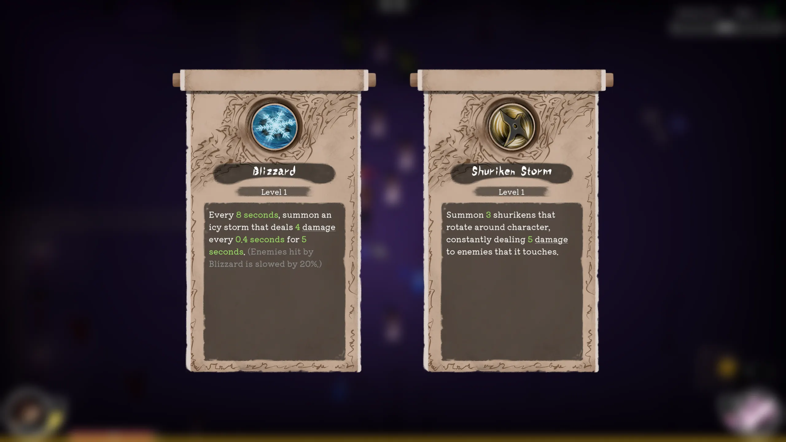 A level-up choice between two upgrade scrolls, Blizzard and Shuriken Storm, each with its icon and effect description.