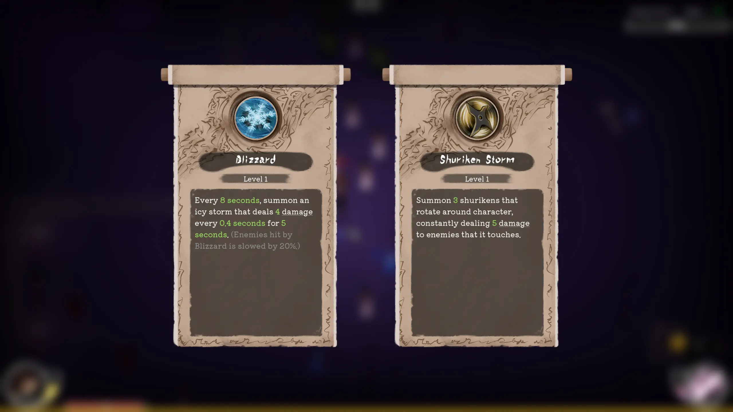 A level-up choice between two upgrade scrolls, Blizzard and Shuriken Storm, each with its icon and effect description.