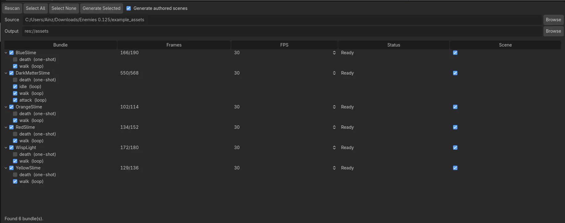 The Spine Atlas Parser editor dock: scanned bundles with auto-detected per-animation loop and one-shot flags.
