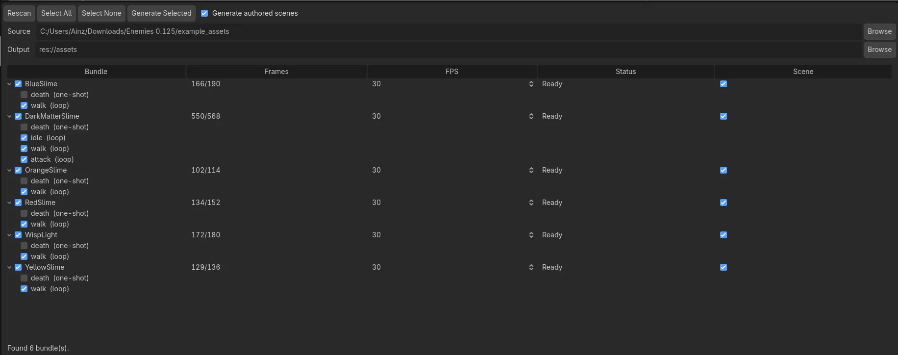 The Spine Atlas Parser editor dock: scanned bundles with auto-detected per-animation loop and one-shot flags.