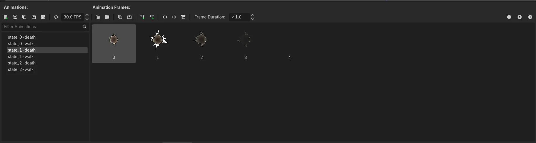 A generated bundle's .res in Godot's SpriteFrames editor: per-state animations with their frames, ready to play by name.