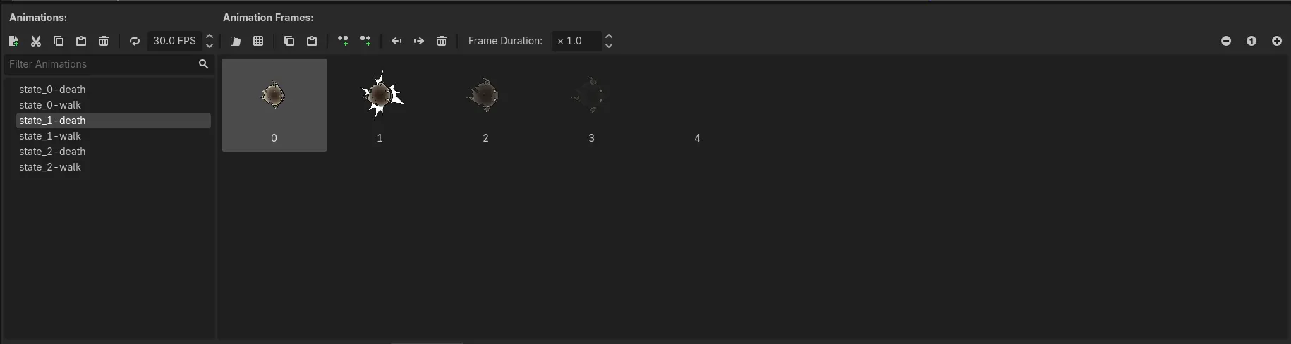A generated bundle's .res in Godot's SpriteFrames editor: per-state animations with their frames, ready to play by name.