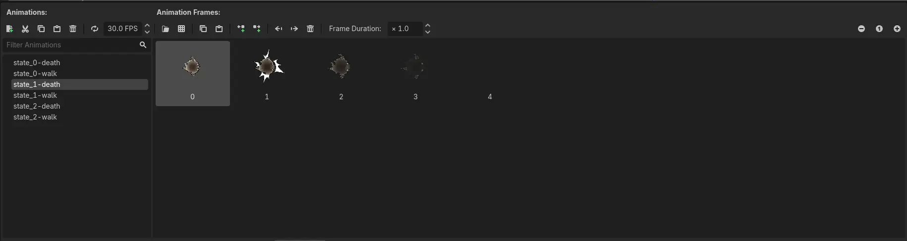 A generated bundle's .res in Godot's SpriteFrames editor: per-state animations with their frames, ready to play by name.